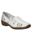 White leather loafer with cutout design and snake-textured silver accents, accent stitching and a brown outsole.