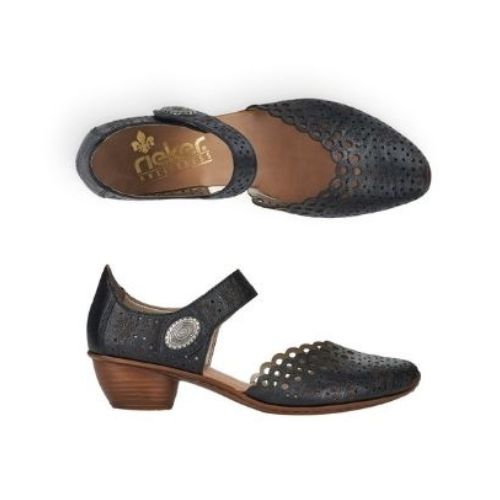 Pair of black heeled open sided Mary-Janes with Velcro ankle strap, floral pattern, decorative perforations and a low stacked heel.