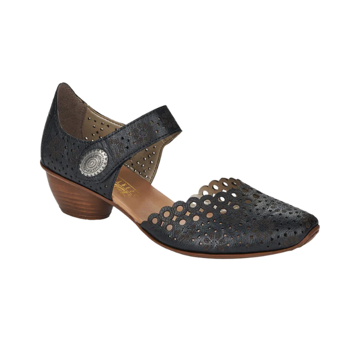 Black heeled open sided Mary-Jane with Velcro ankle strap, floral pattern, decorative perforations and a low stacked heel.