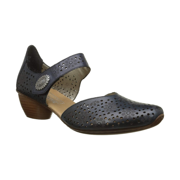 Navy heeled open sided Mary-Jane with Velcro ankle strap, floral pattern, decorative perforations and a low stacked heel.