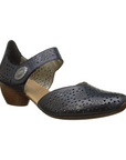 Angled view of black Rieker 43753 leather Mary-Jane heel with decorative button and flexible sole for stylish, lightweight support.
