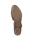 Brown outsole of low heel Mary-Jane with Rieker logo on heel.