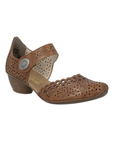 Brown heeled open sided Mary-Jane with Velcro ankle strap, floral pattern, decorative perforations and a low stacked heel.