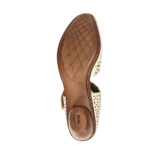 Brown outsole of low heel Mary-Jane with Rieker logo on heel.