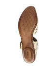 Brown outsole of low heel Mary-Jane with Rieker logo on heel.