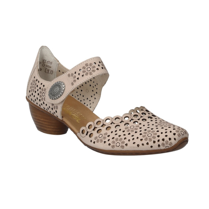 Beige heeled open sided Mary-Jane with Velcro ankle strap, floral pattern, decorative perforations and a low stacked heel.
