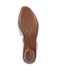 Brown outsole of low heeled Mary-Jane with Rieker logo on heel.