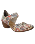 Multi colored heeled open sided Mary-Jane with Velcro ankle strap, floral pattern, decorative perforations and a low stacked heel.