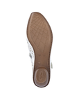 Brown light treaded outsole of heeled shoe with Rieker logo on heel.