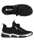 Pair of Black sneakers with faux side zipper, black Rieker logo'd footbed, accent stitching above the thick white midsole and black outsole.