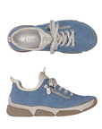 Pair of light blue sneakers with faux side zipper, white Rieker logo'd footbed, accent stitching above the thick white midsole and beige outsole.