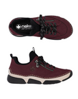 Pair of deep red sneakers with faux side zipper, black Rieker logo'd footbed, accent stitching above the thick beige midsole and black outsole.