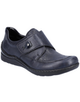 Women's Rieker 48951 Velcro Shoe in navy with floral embossing, designed for lightweight support and easy slip-on wear.