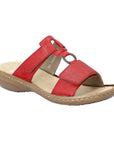 Red slide sandal with two Velcro straps, textured details and medallion accent, tan Rieker logo'd footbed and brown outsole.