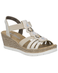 Gold slingback strappy wedge sandal with decorative beaded straps, faux espadrille midsole and white outsole.