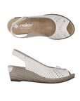 Pair of white wedge slingback peep toe sandals with perforated upper, small decorative bow on vamp, tan Rieker logo'd footbed, faux espadrille midsole and a brown outsole.