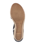 Bottom sole of navy Rieker 624H6 Sling-Back Wedge Sandal with anti-slip tread. Designed for stability and comfort.