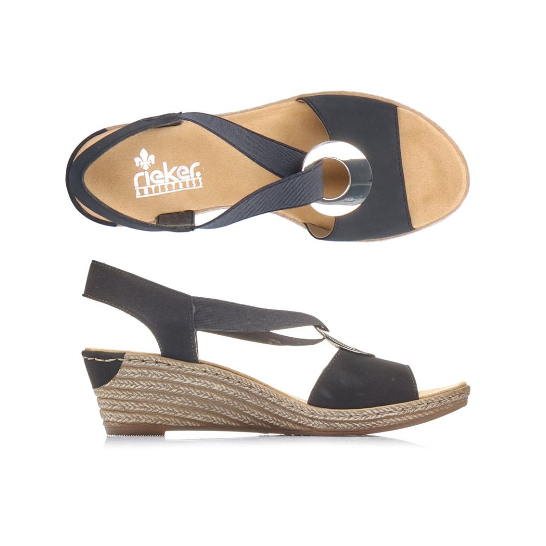 Top and side views of navy Rieker 624H6 Sling-Back Wedge Sandal for women. Flexible sole and soft insole for all-day wear.