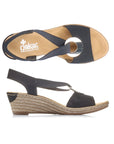 Top and side views of navy Rieker 624H6 Sling-Back Wedge Sandal for women. Flexible sole and soft insole for all-day wear.