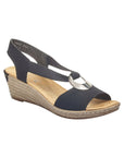 Women's Rieker 624H6 Sling-Back Wedge Sandal in navy blue with open toe and metallic ring. Lightweight wedge for summer style.