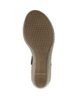 Bottom sole of brown and white Rieker 624H6 Sling-Back Wedge Sandal. Anti-slip design for secure walking.