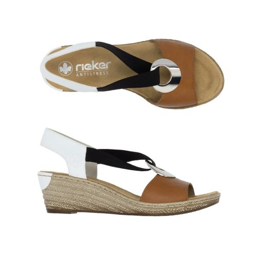 Top and side views of brown and white Rieker 624H6 Sling-Back Wedge Sandal. Features cushioned insole and woven wedge heel.