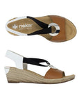 Top and side views of brown and white Rieker 624H6 Sling-Back Wedge Sandal. Features cushioned insole and woven wedge heel.