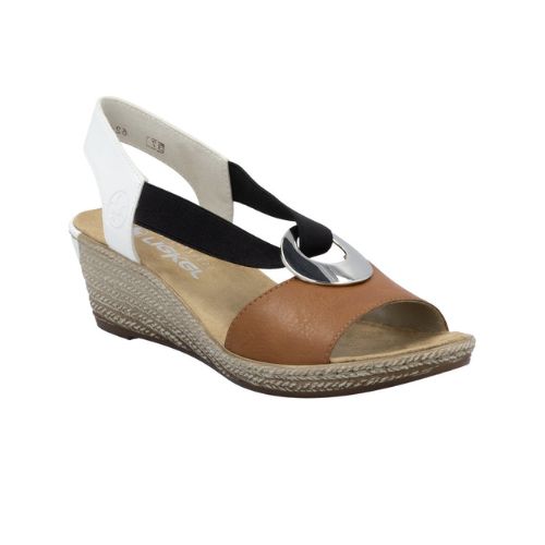 Women's Rieker 624H6 Sling-Back Wedge Sandal in brown and white with black elastic strap. Chic and supportive for summer wear.