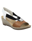 Women's Rieker 624H6 Sling-Back Wedge Sandal in brown and white with black elastic strap. Chic and supportive for summer wear.