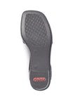 Outsole of Women's Rieker 62662 sling-back heel sandal showing textured grip and Rieker branding for added traction and durability.