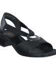 Women's Rieker 62662 sling-back leather heel sandal in black with metallic medallion and low block heel, perfect for summer wear.