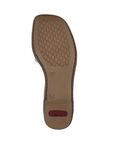 Brown light treaded outsole with red Rieker logo on block heel.