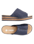 Pair of Navy Slide Sandals with faux cork platform midsole, wide strap and tan Rieker logo'd footbed.