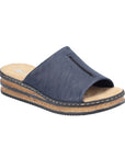 Navy Slide Sandal with faux cork platform midsole, wide strap and tan Rieker logo'd footbed.