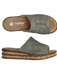 Pair of Green Slide Sandals with faux cork platform midsole, wide strap and tan Rieker logo'd footbed.