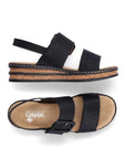 Top and side view of black Women's Rieker 62950 Backstrap Sandal showing cushioned insole, wide straps, and flexible cork-style sole.