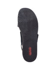 Wave pattern tread on black Rieker sandal outsole with logo on heel.