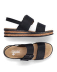 Pair of Black Backstrap Sandals with a stylish buckle, two Velcro straps, tan Rieker logo'd footbed, faux cork layered midsole and black outsole.
