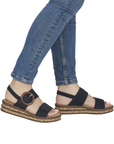 Navy backstrap sandals with faux cork midsole worn with blue jeans.