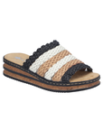 Black, brown and white platform slide sandal with woven band faux cork midsole with black line accents and a tan Rieker logo'd footbed.