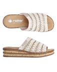 Pair of Off-white and beige platform slide sandals with woven band faux cork midsole with dark brown line accents and a tan Rieker logo'd footbed.
