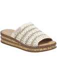 Off-white and beige platform slide sandal with woven band, faux cork midsole with dark brown line accents and a tan Rieker logo'd footbed.