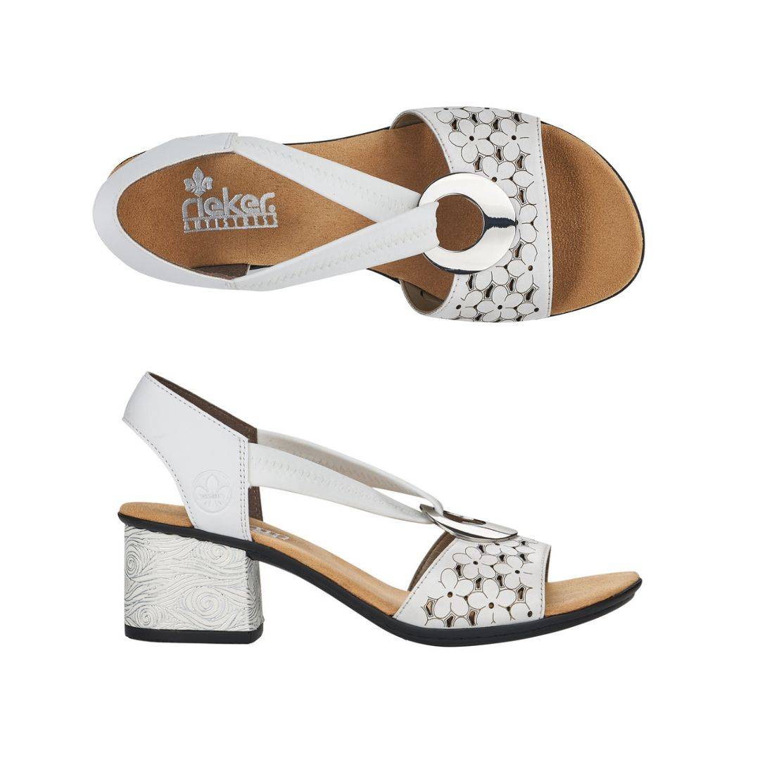 Top and side views of white Women's Rieker 64677 Sling-Back Heeled Leather Sandal with patterned heel and stylish cut-out design.