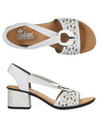 Top and side views of white Women's Rieker 64677 Sling-Back Heeled Leather Sandal with patterned heel and stylish cut-out design.