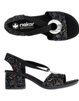Top and side view of Women's Rieker 64683 Sling-Back Heel sandal showing cushioned insole and stylish floral block heel design.
