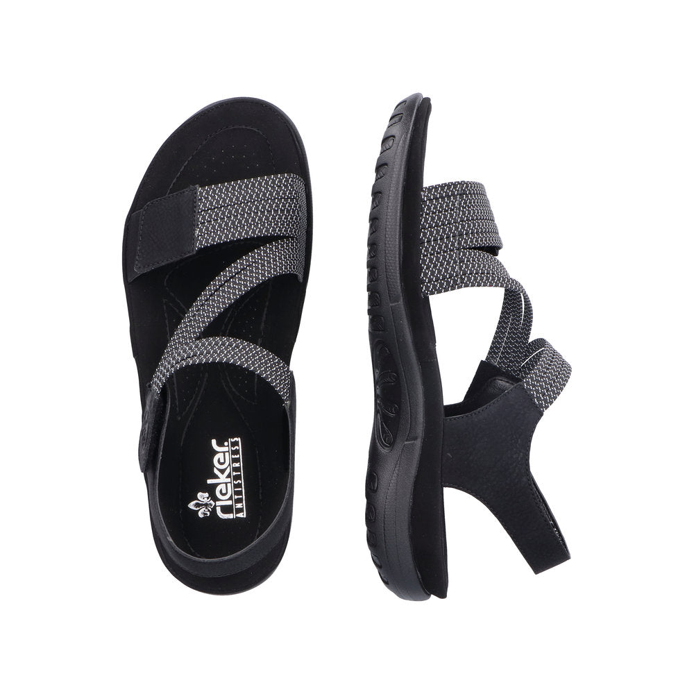 Top and side views of black Women's Rieker 64870 Backstrap Sandal showing breathable design and adjustable comfort straps.