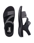 Top and side views of black Women's Rieker 64870 Backstrap Sandal showing breathable design and adjustable comfort straps.