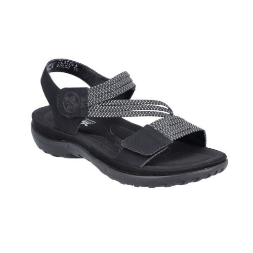 Women's Rieker 64870 Backstrap Sandal in black with textured straps and shock-absorbing sole for stylish everyday wear.