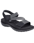 Women's Rieker 64870 Backstrap Sandal in black with textured straps and shock-absorbing sole for stylish everyday wear.