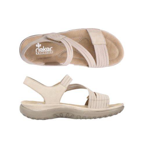 Top and side views of beige Women's Rieker 64870 Backstrap Sandal showing ergonomic footbed and secure hook-and-loop closures.